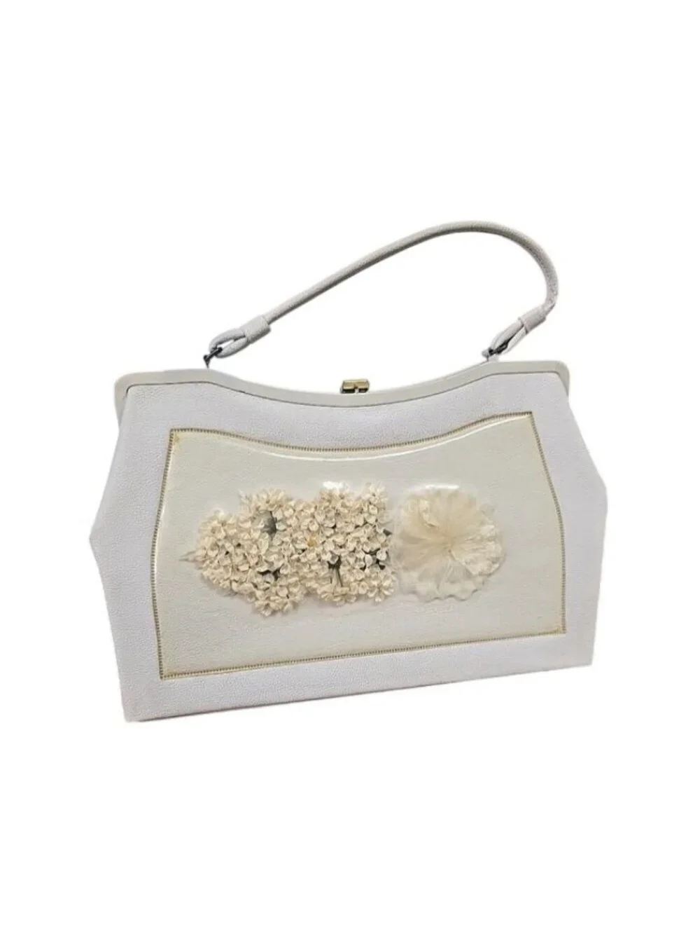 Vintage Vinyl Coated Fabric Flowers Handbag Top Handle Bloom Gold Trim Kiss Lock - Picture 1 of 16